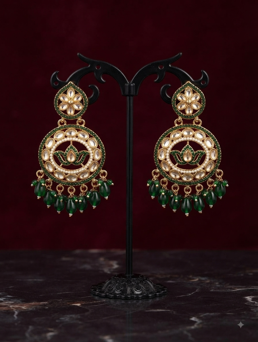 Intricate Green Meenakari Lotus Kundan Earrings With Drop Beads.