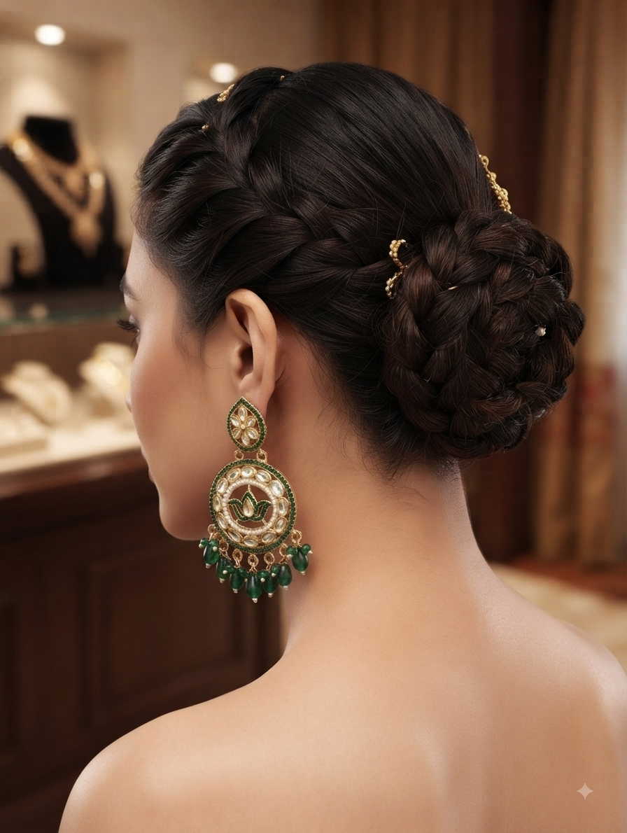 Intricate Green Meenakari Lotus Kundan Earrings With Drop Beads.