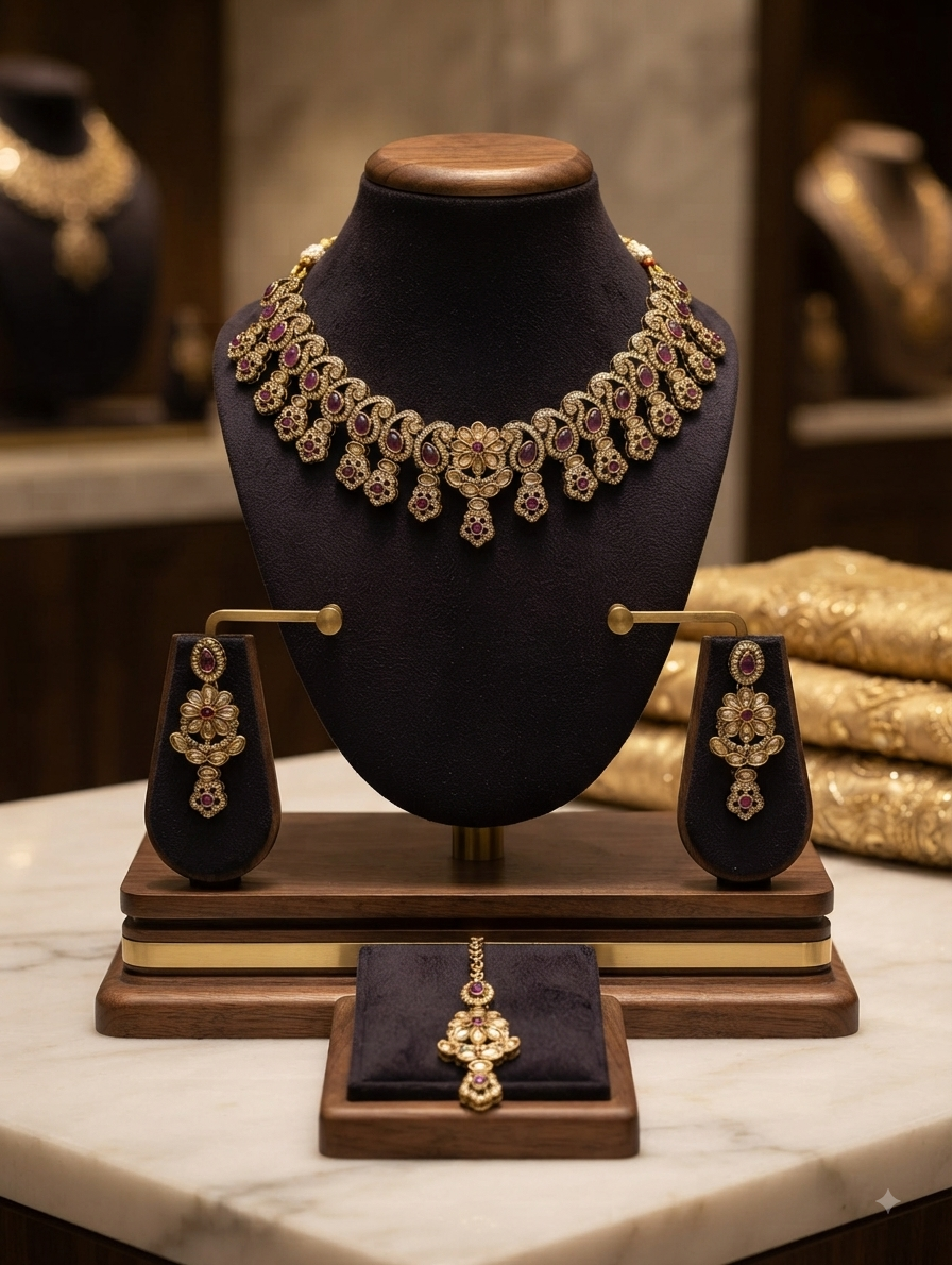 Antique Gold Necklace Set With Ruby-Pink Stones, Earrings, Tikka.