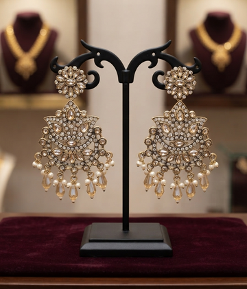 Fancy Champagne-Stone Statement Chandelier Earrings With Pearl Accents.