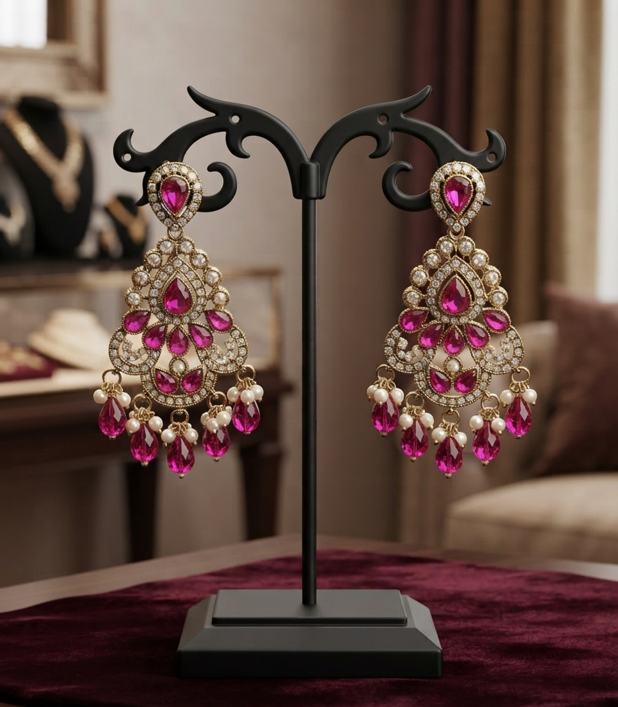 Fancy Pink Stone Teardrop  Earrings With Pearl Accents.