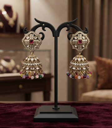 Antique-Finish Kundan Jhumka Earrings With Multi Colored Beads.