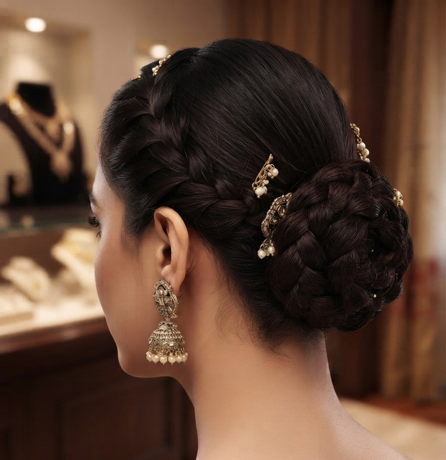 Antique-Finish Kundan Jhumka Earrings With Pearl Drops.