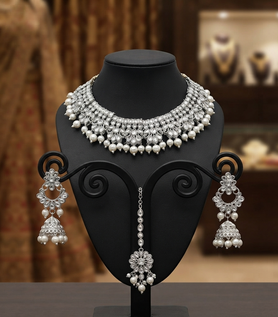 Silver Choker Jewelry Set With Pearls And Matching Accessories
