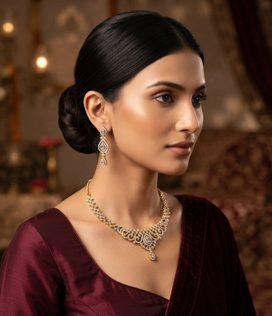 Delicate Gold Cubic Zirconia Necklace Set With Teardrop Pendant.