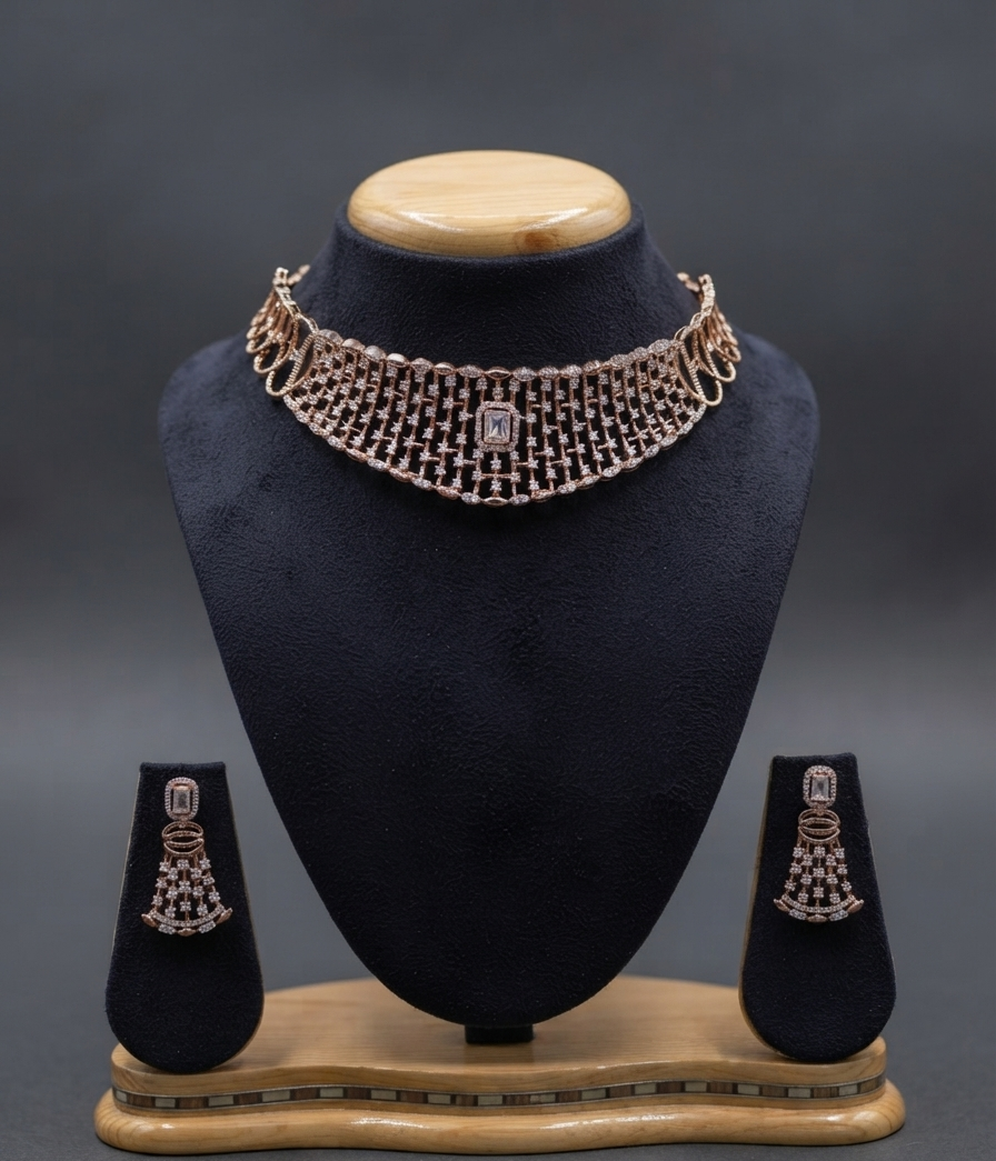 Rose Gold Mesh Choker Set Studded With Sparkling Ad Crystals