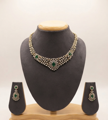 Elegant Ad Stone-Studded Necklace Set With Oval Green Emeralds.