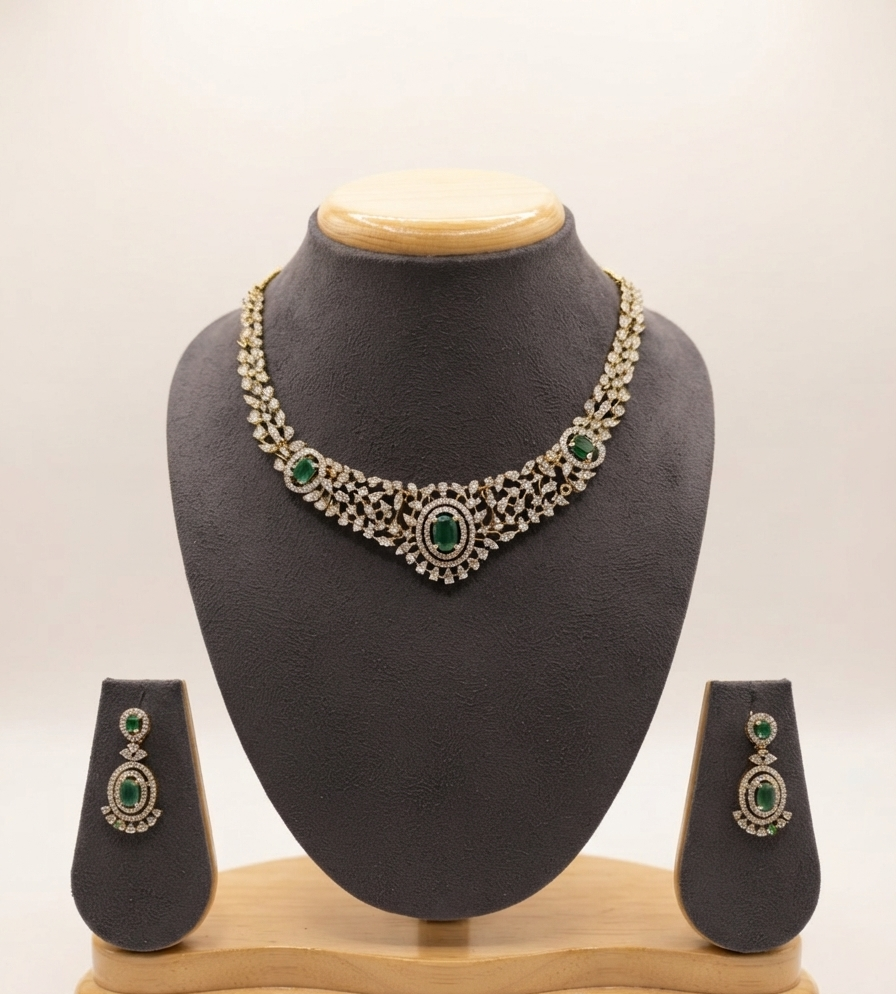 Elegant Ad Stone-Studded Necklace Set With Oval Green Emeralds.