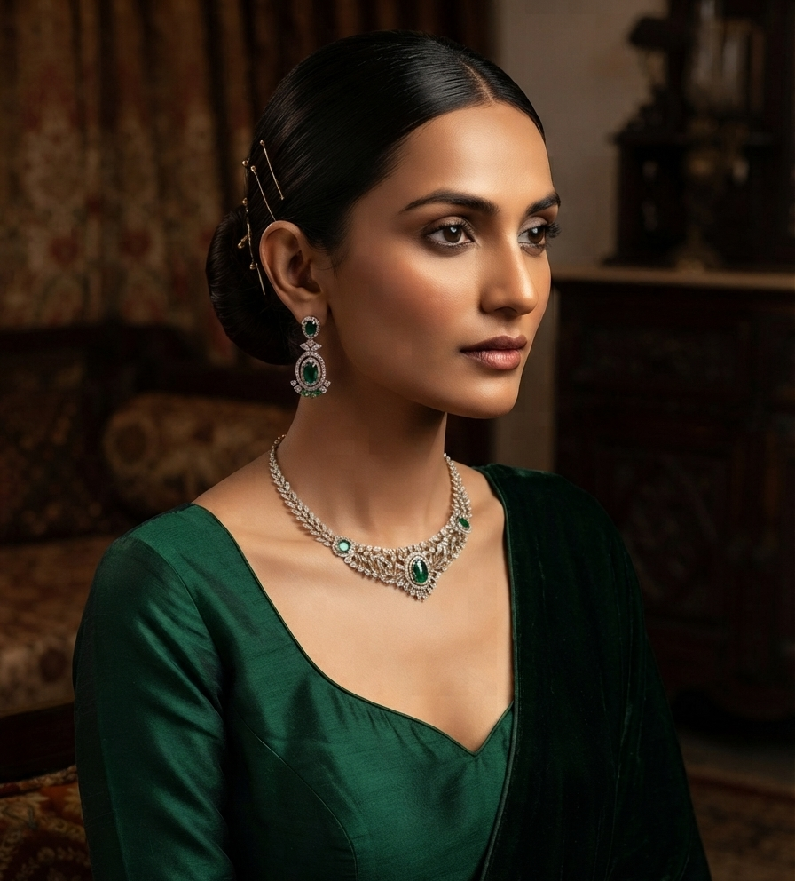 Elegant Ad Stone-Studded Necklace Set With Oval Green Emeralds.