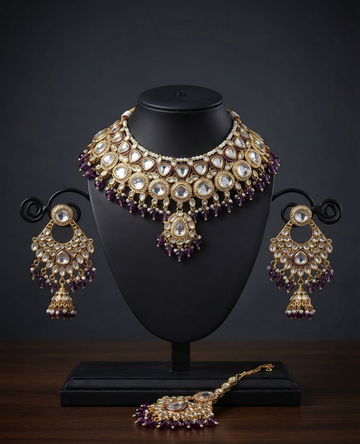 Royal Kundan Choker Jewelry Set With Purple Bead Accents