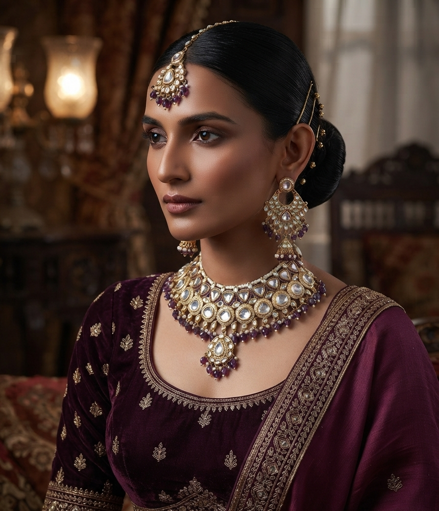 Royal Kundan Choker Jewelry Set With Purple Bead Accents