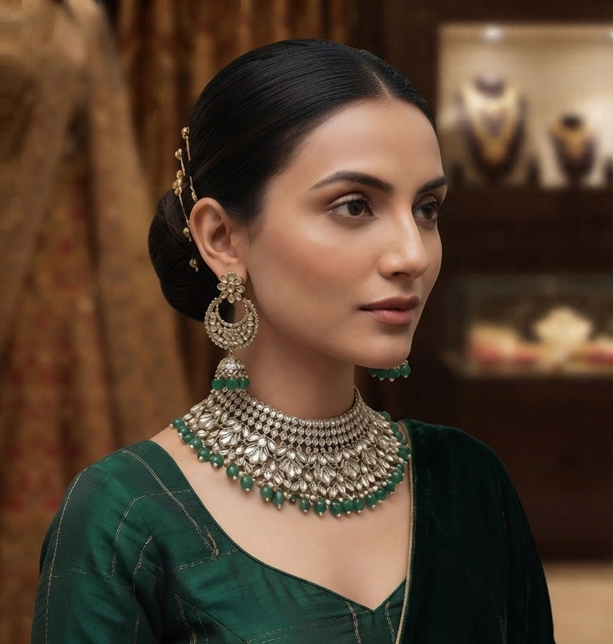 Broad Gold Kundan Bridal Choker Set With Green Beads.
