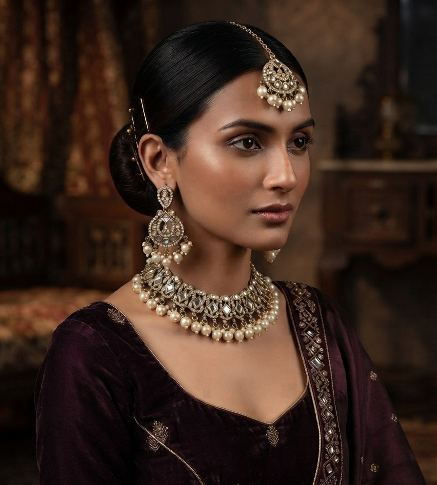 Antique Gold Kundan Jewelry Set With Elegant Pearl Drops.
