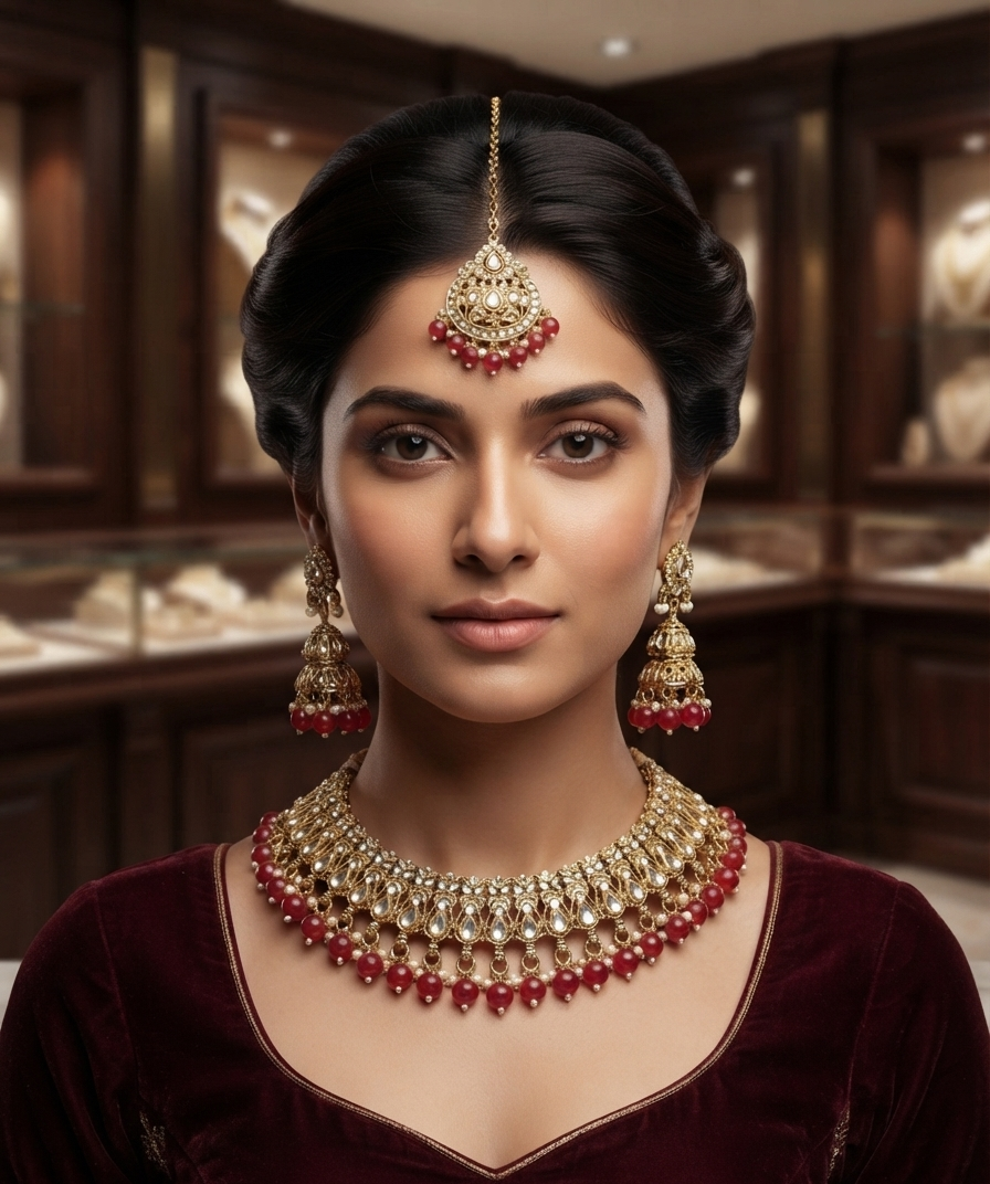 Gold Kundan Choker Set With Red Beaded Accents.