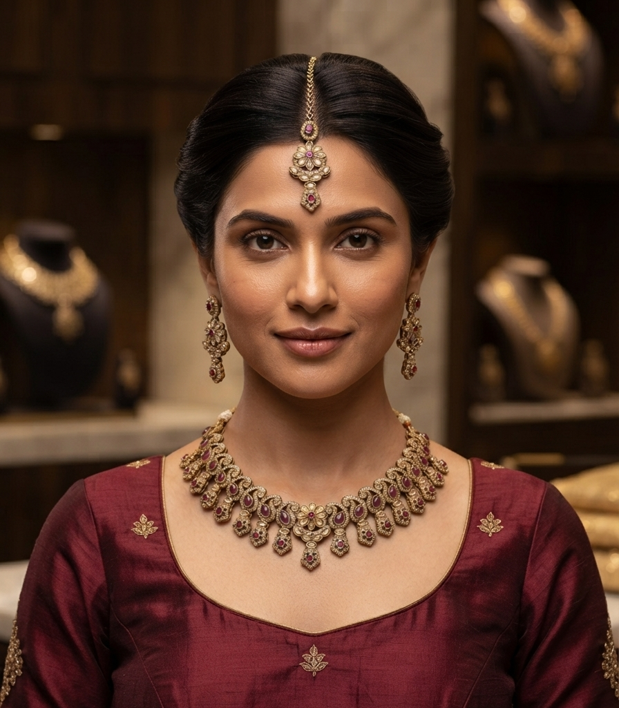 Antique Gold Necklace Set With Ruby-Pink Stones, Earrings, Tikka.