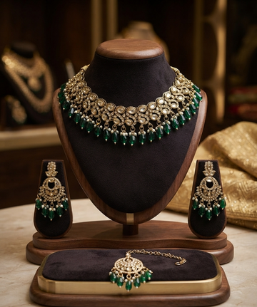 Antique Gold Kundan Necklace Set With Green Beads And Tikka.