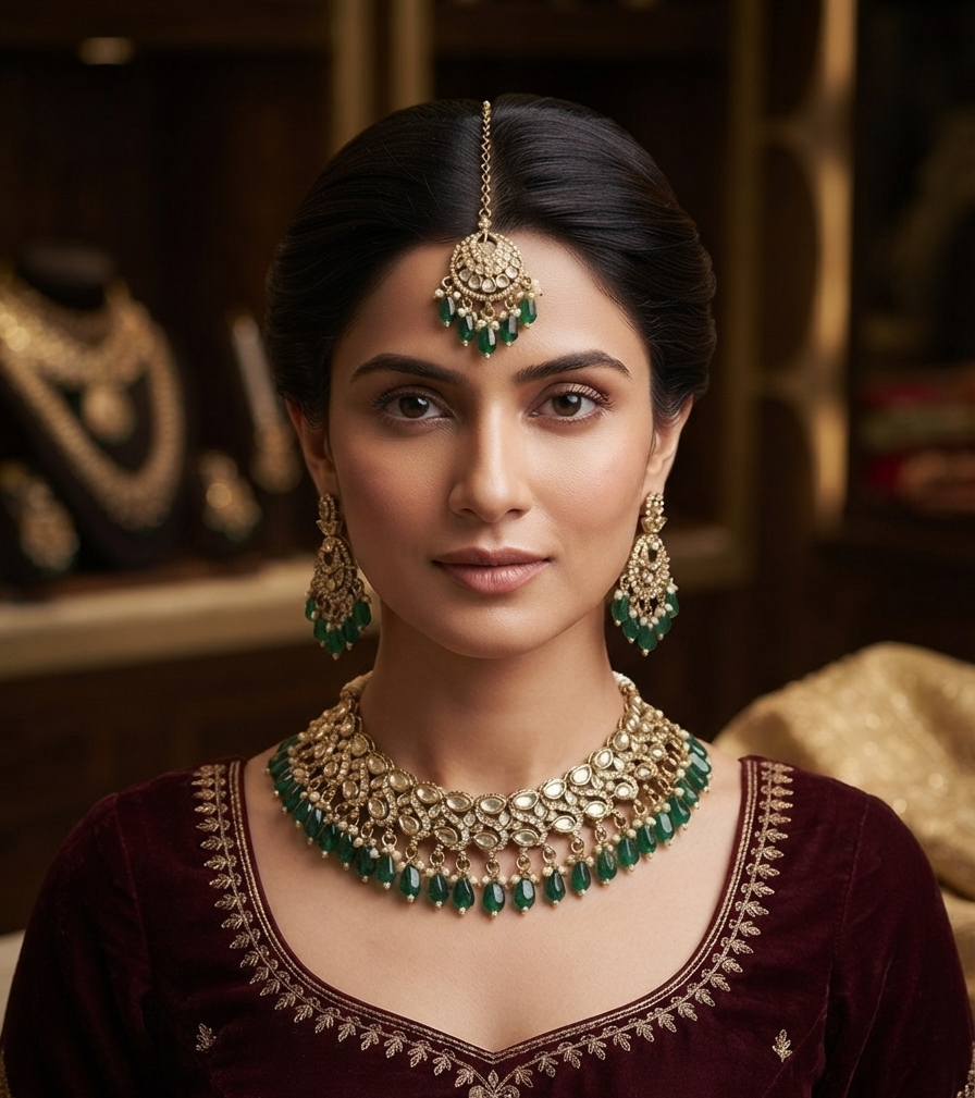Antique Gold Kundan Necklace Set With Green Beads And Tikka.