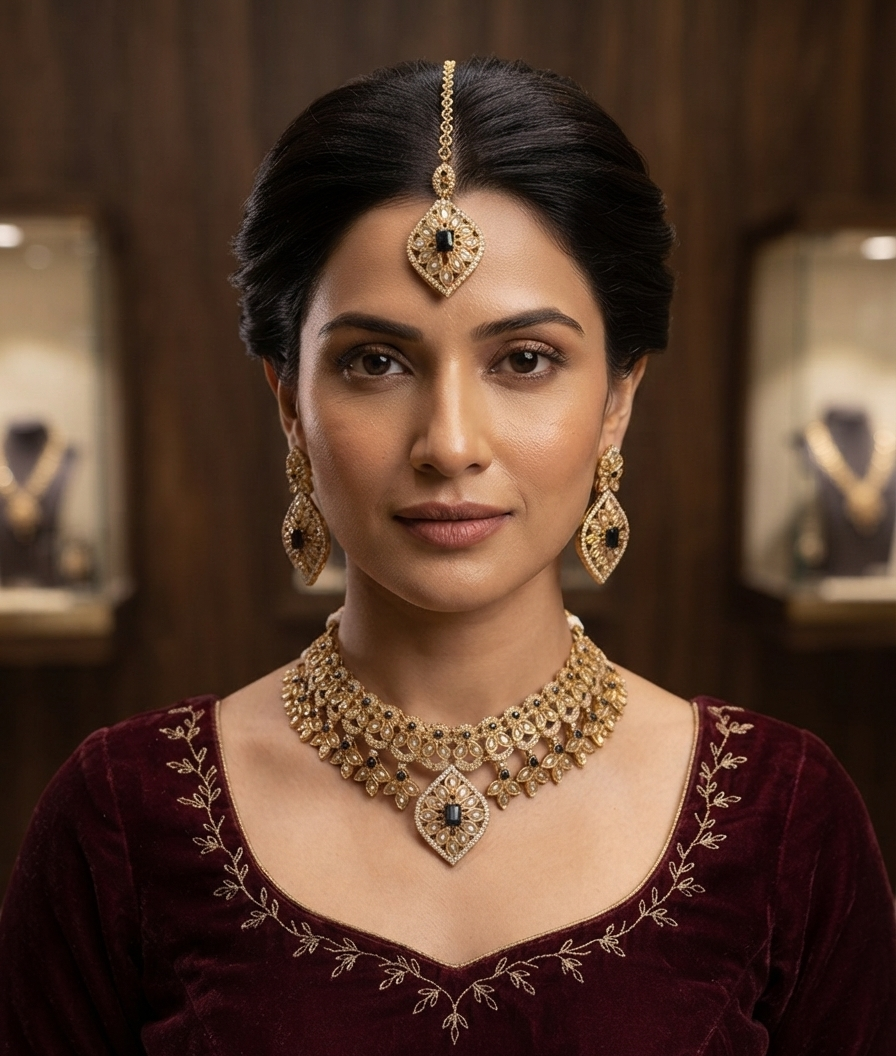Gold-Finish Necklace Set With Dark Stones, Matching Earrings, Tikka