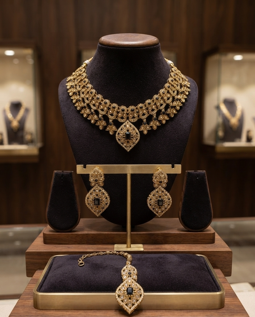 Gold-Finish Necklace Set With Dark Stones, Matching Earrings, Tikka