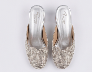 Silver Rhinestone Scalloped Block Heel Mules