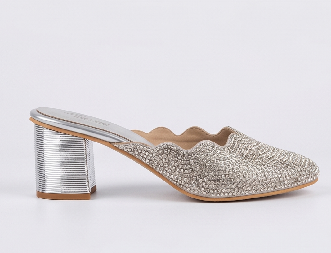 Silver Rhinestone Scalloped Block Heel Mules