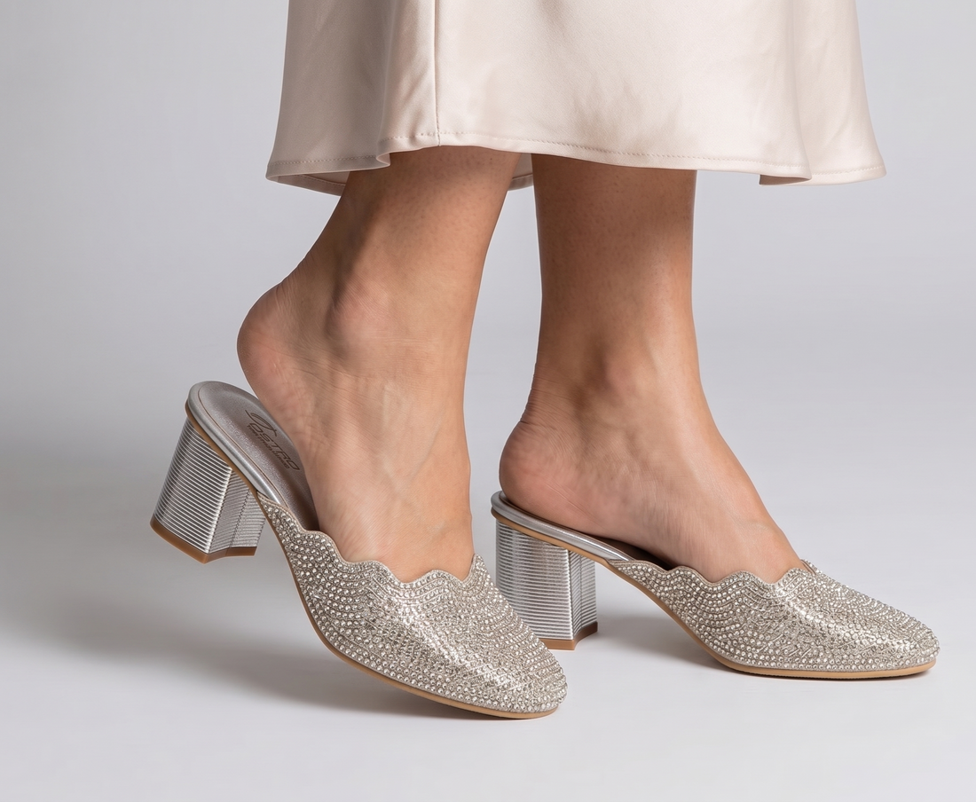 Silver Rhinestone Scalloped Block Heel Mules