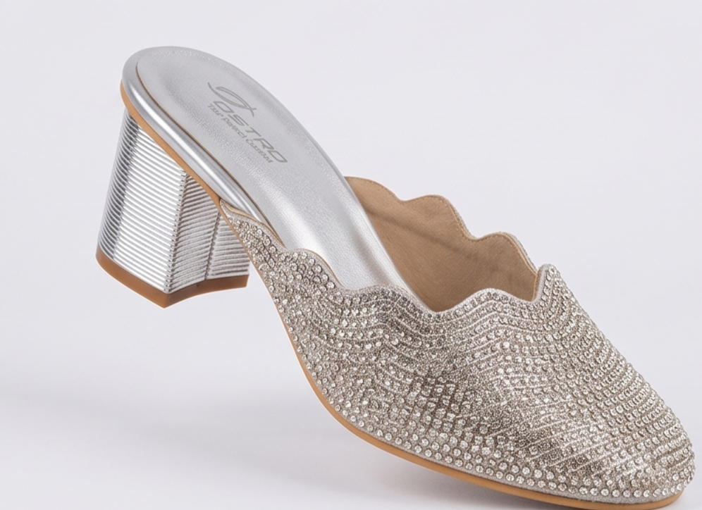 Silver Rhinestone Scalloped Block Heel Mules