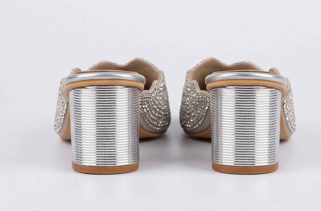 Silver Rhinestone Scalloped Block Heel Mules