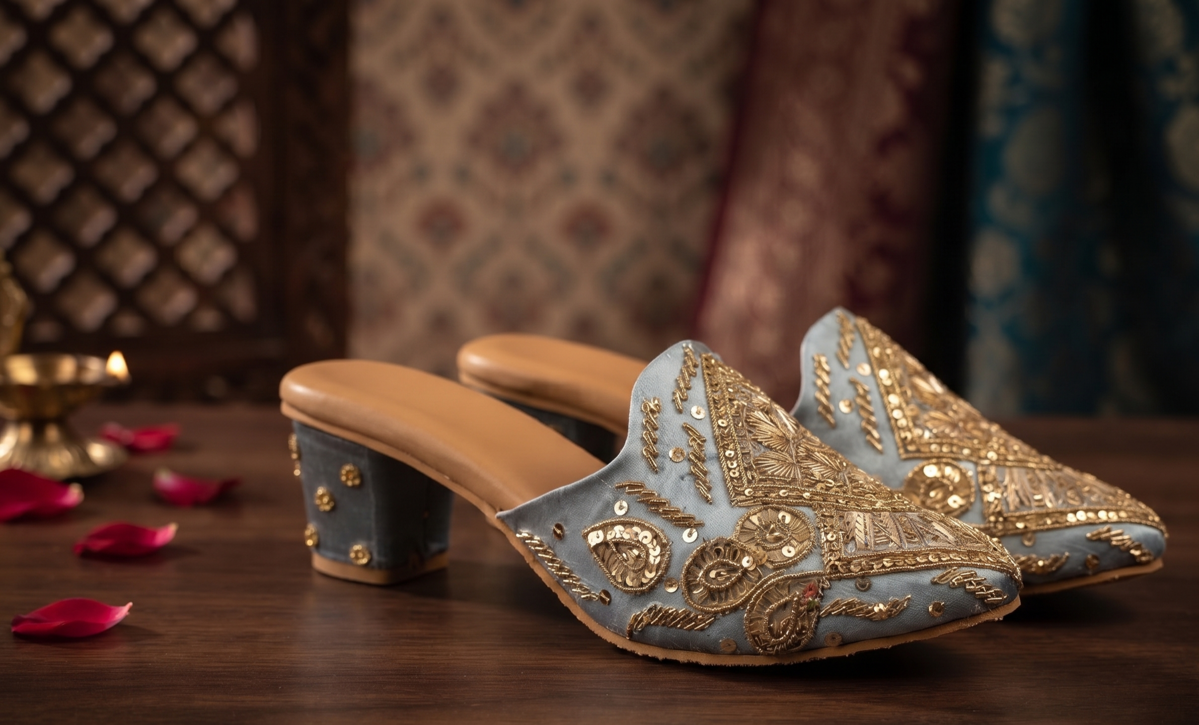 Hand-Embroidered Light Blue & Gold Block Heel Mules