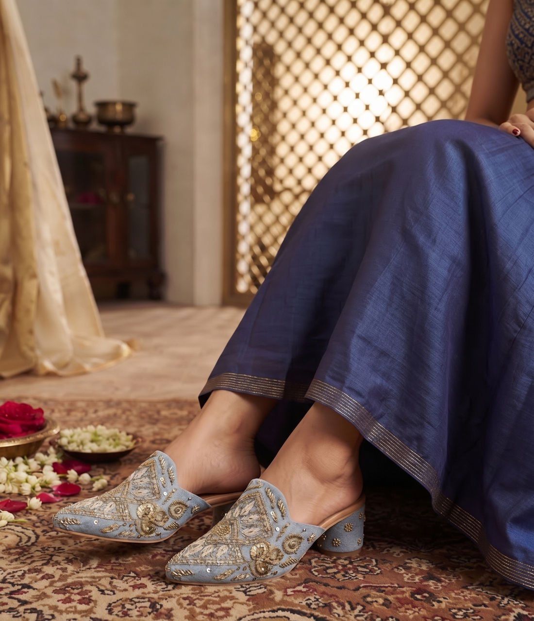 Hand-Embroidered Light Blue & Gold Block Heel Mules