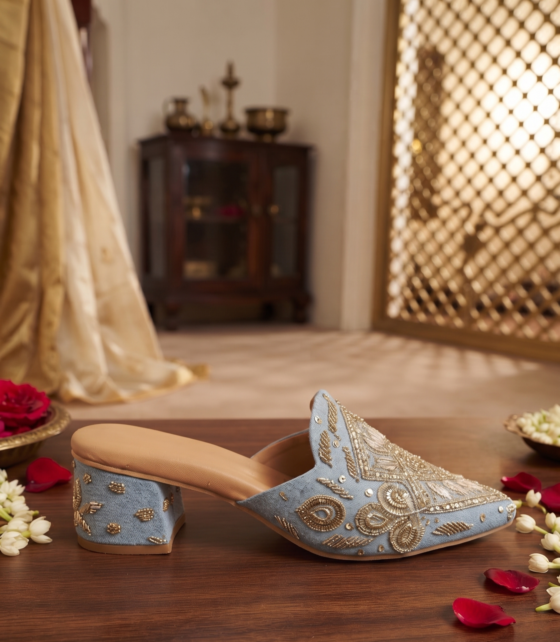 Hand-Embroidered Light Blue & Gold Block Heel Mules