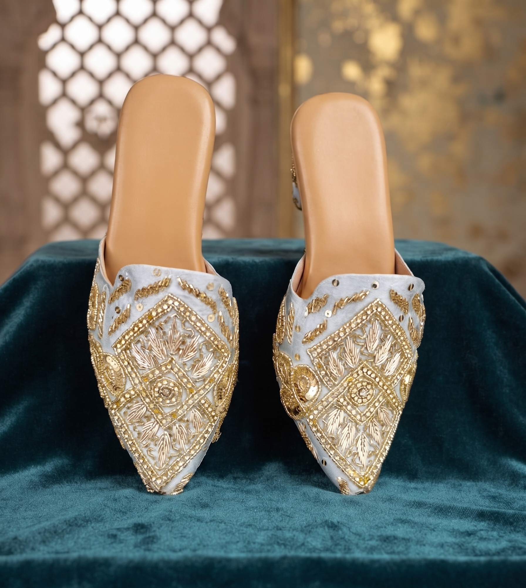 Hand-Embroidered Light Blue & Gold Block Heel Mules