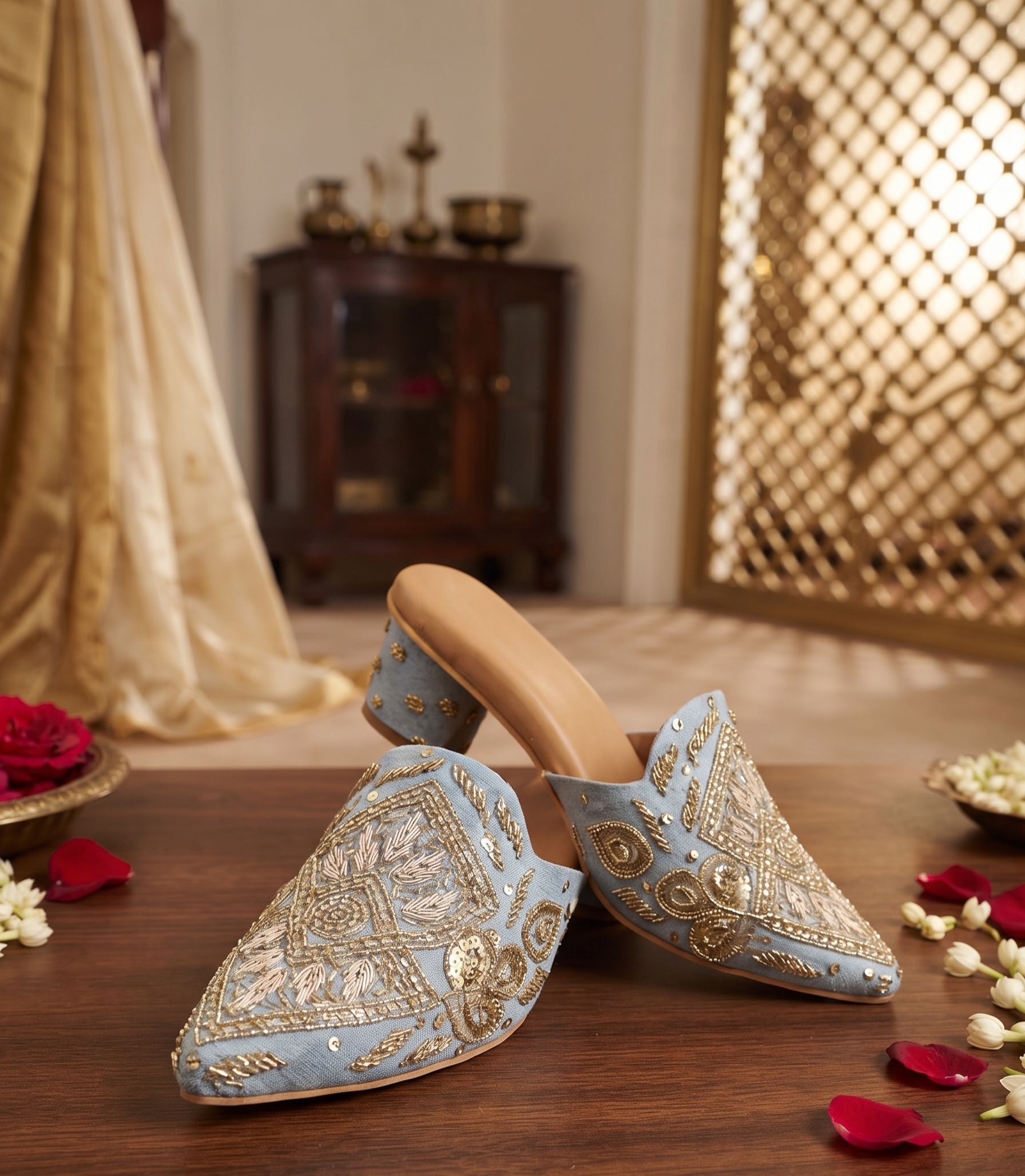 Hand-Embroidered Light Blue & Gold Block Heel Mules
