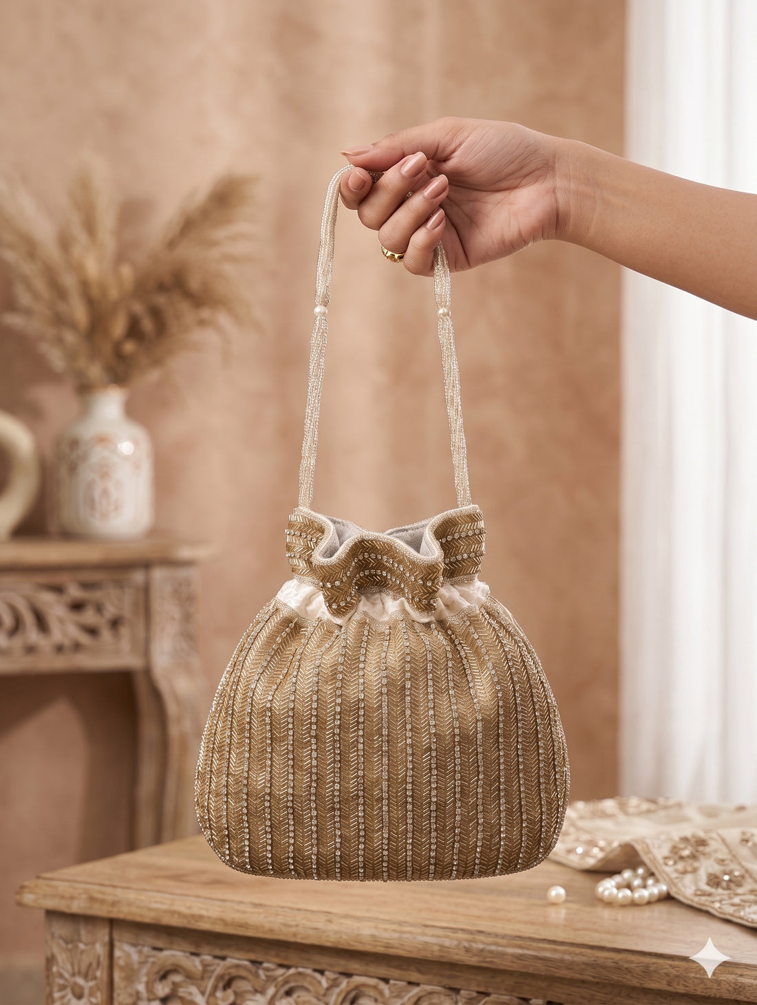 Festive Rhinestone Chevron Drawstring Pouch