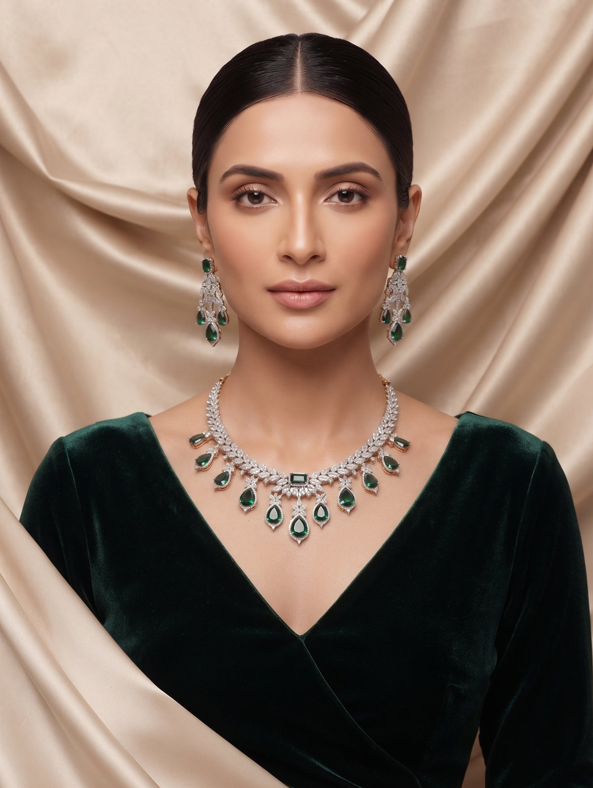 Gold and Rhodium plated necklace earing set with Emerald Green and cubic zirconia crystals