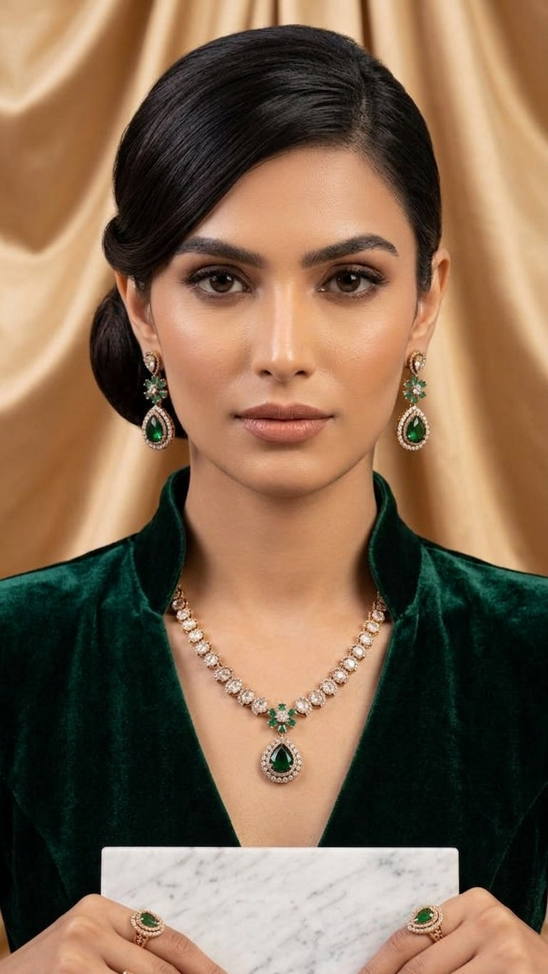 Antique gold necklace earing set with emerald green and CZ crystals