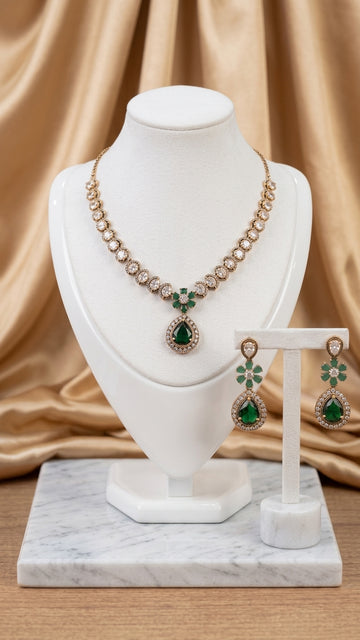 Antique gold necklace earing set with emerald green and CZ crystals