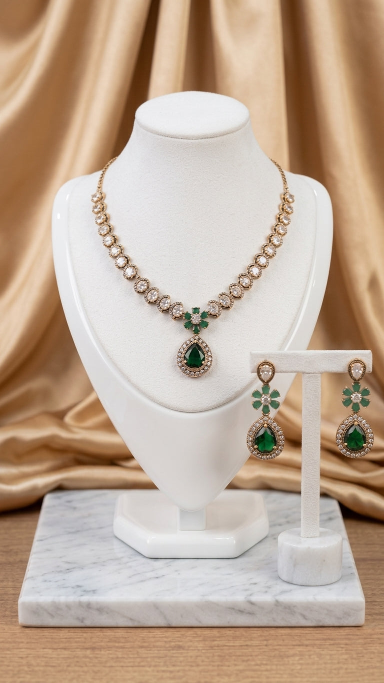 Antique gold necklace earing set with emerald green and CZ crystals