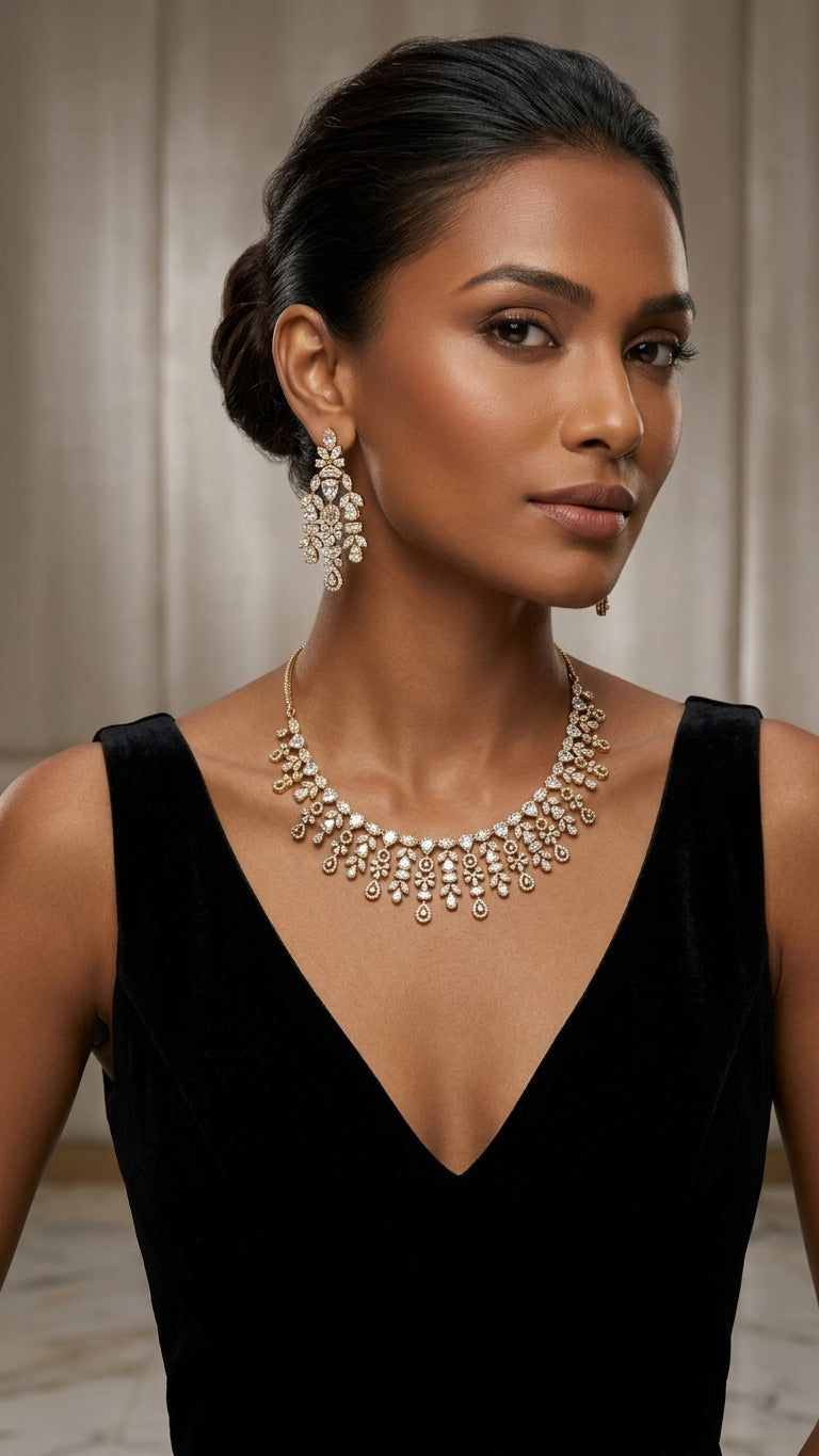 Antique gold necklace set with earrings with CZ crystals