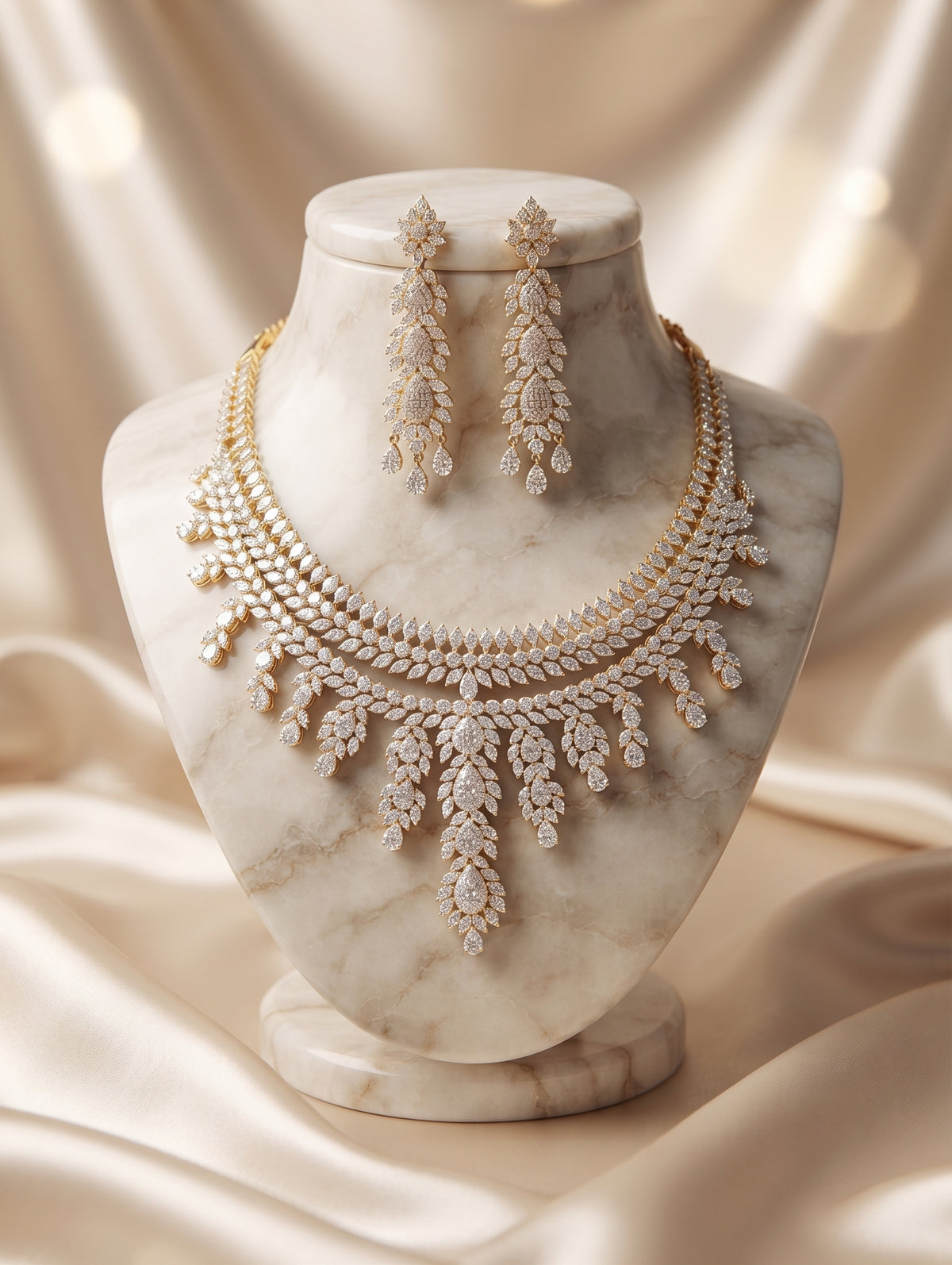 Modern gold-plated necklace and earring set with brilliant CZ crystals.