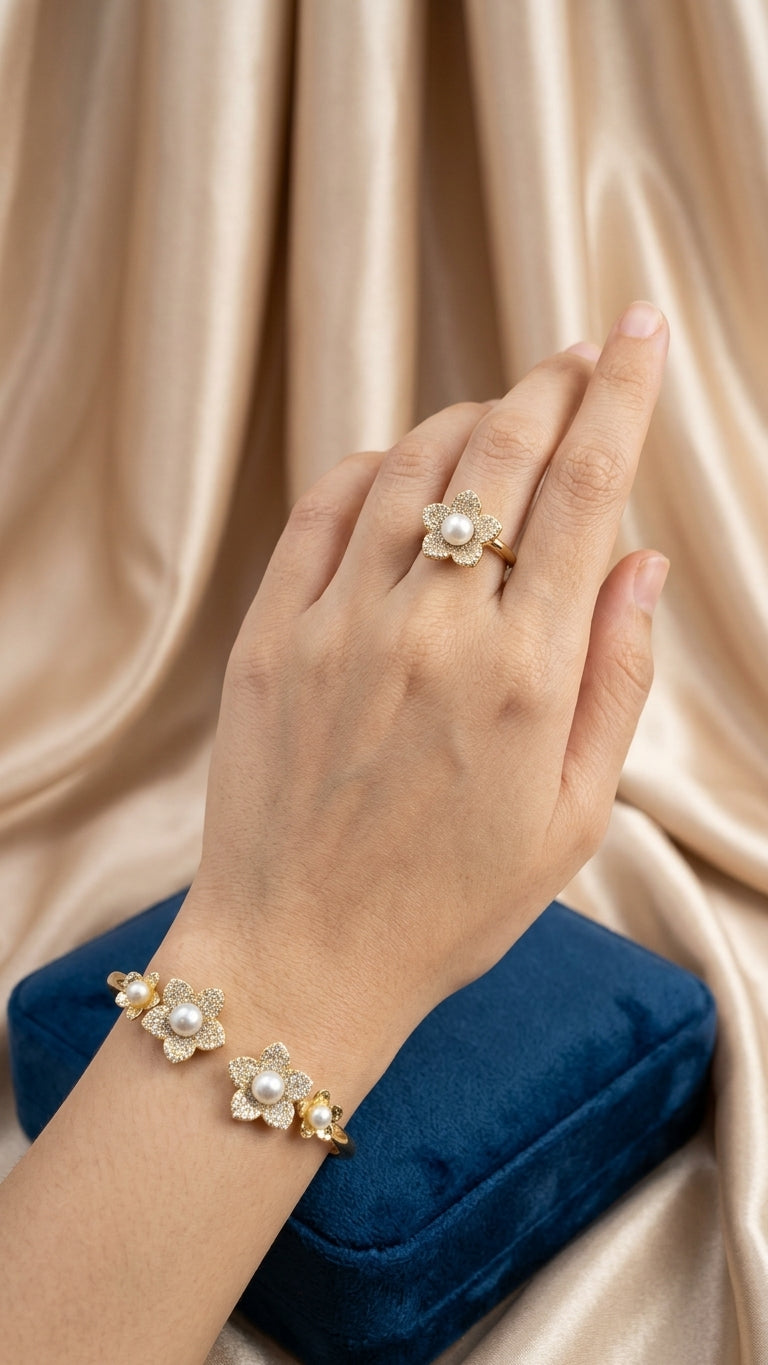 Elegant Pearl and Pave Flower Jewellery Set