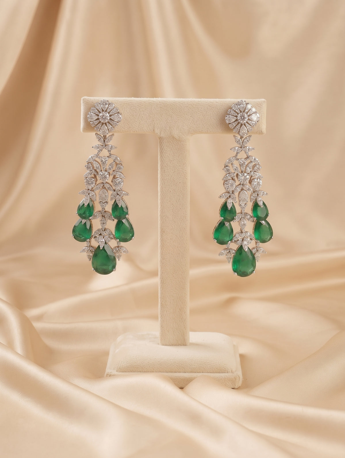 Elegant rhodium contemporary necklace and earring set featuring dazzling CZ crystals with Emerald Green crystals