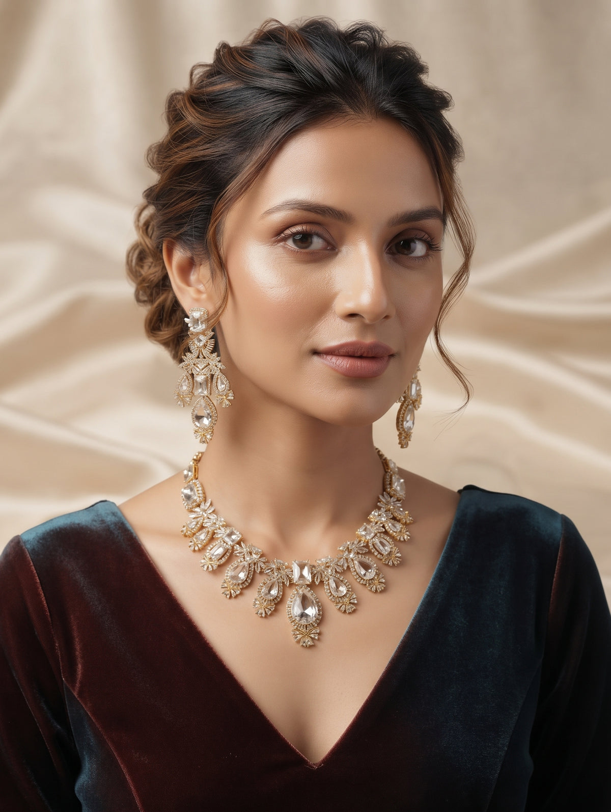 Modern necklace and earring set with brilliant CZ crystals.
