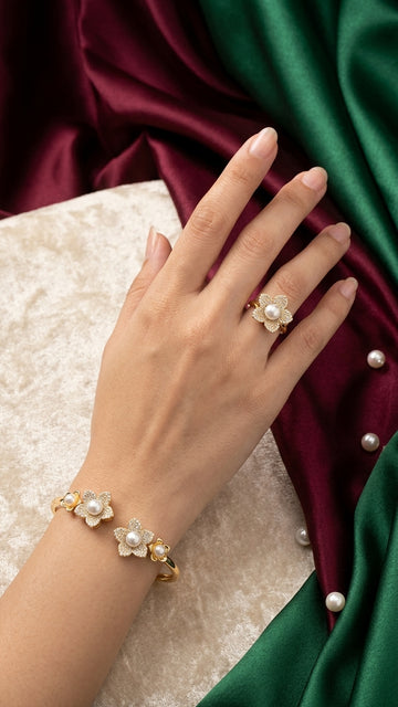 Elegant Pearl and Pave Flower Jewellery Set