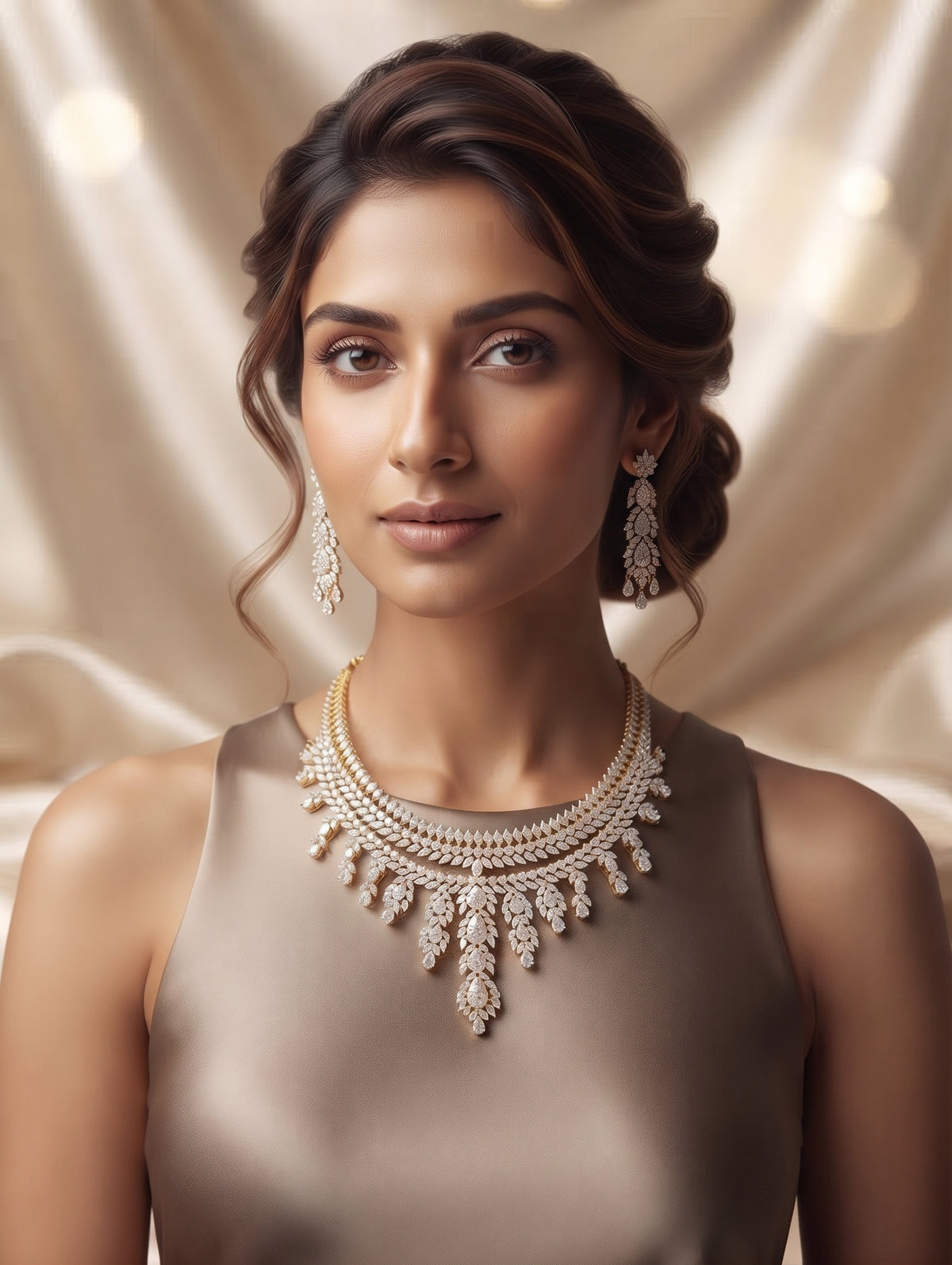 Modern gold-plated necklace and earring set with brilliant CZ crystals.