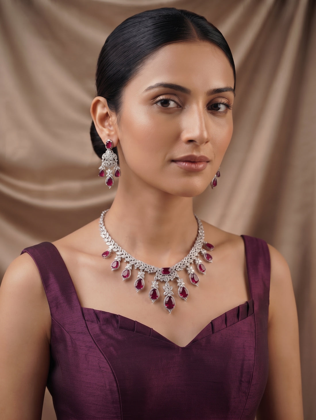 Elegant rhodium plated contemporary necklace and earring set with ruby crystals featuring dazzling CZ crystals.