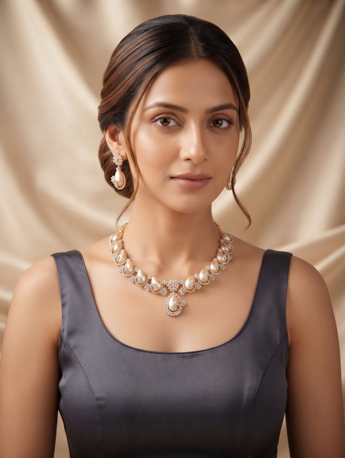 Modern, gold plated necklace and earring set with brilliant CZ crystals.