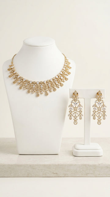 Antique gold necklace set with earrings with CZ crystals
