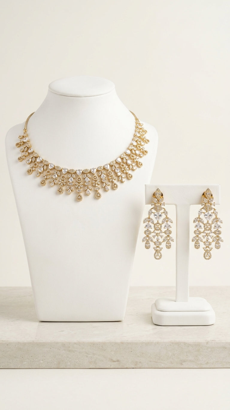 Antique gold necklace set with earrings with CZ crystals