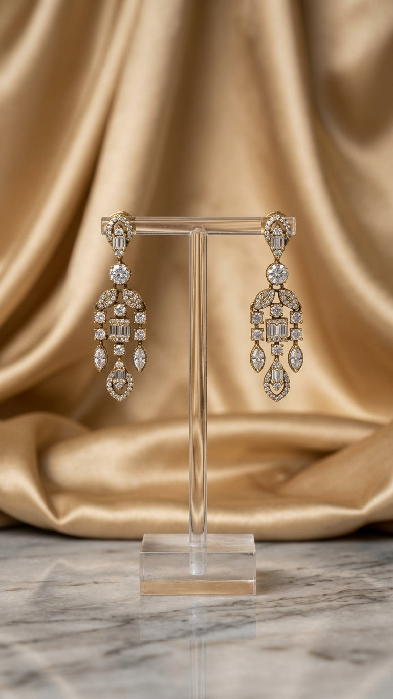 Antique gold necklace and earring set adorned with sparkling CZ stones